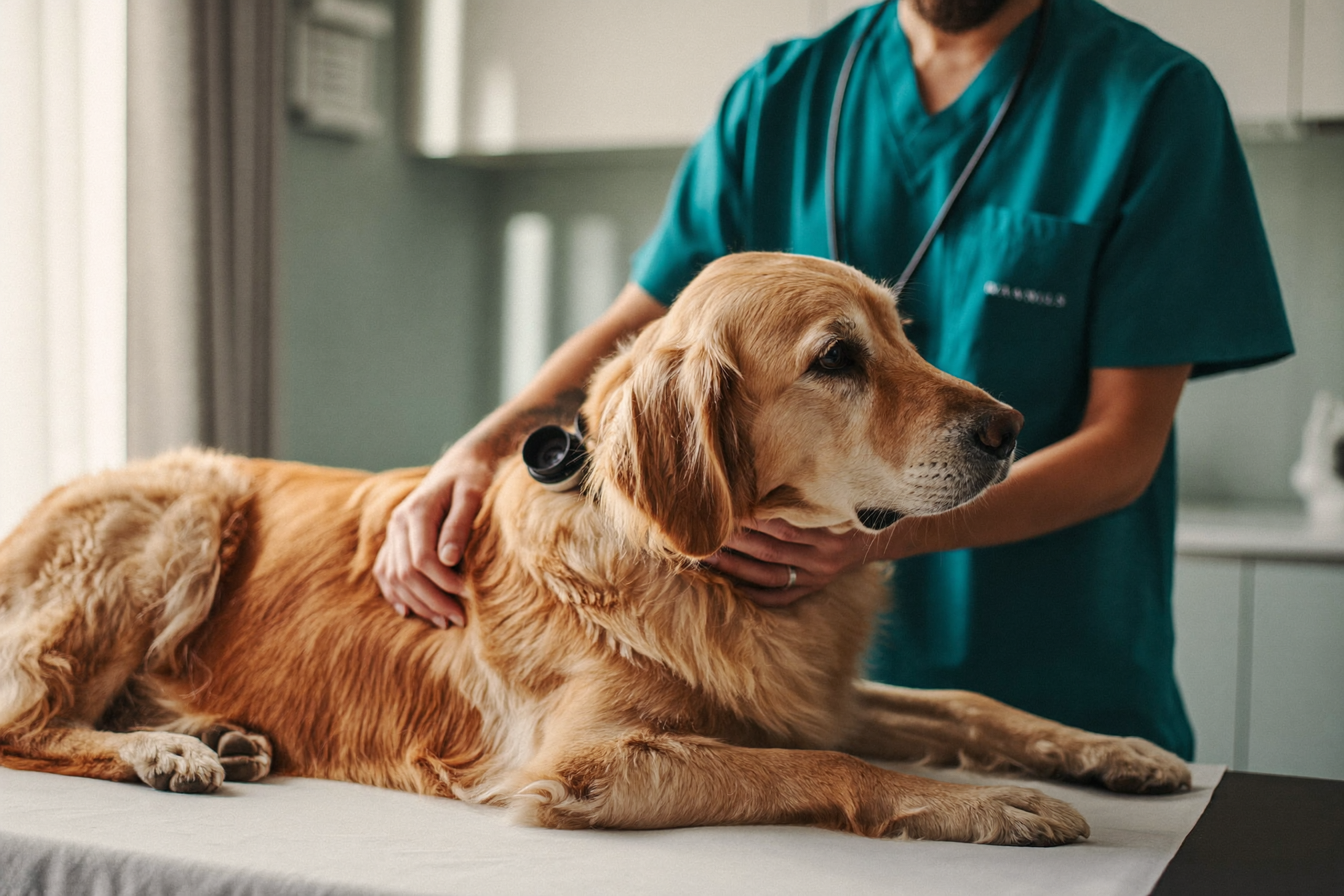 Veterinarian examining a golden retriever in a modern exam room